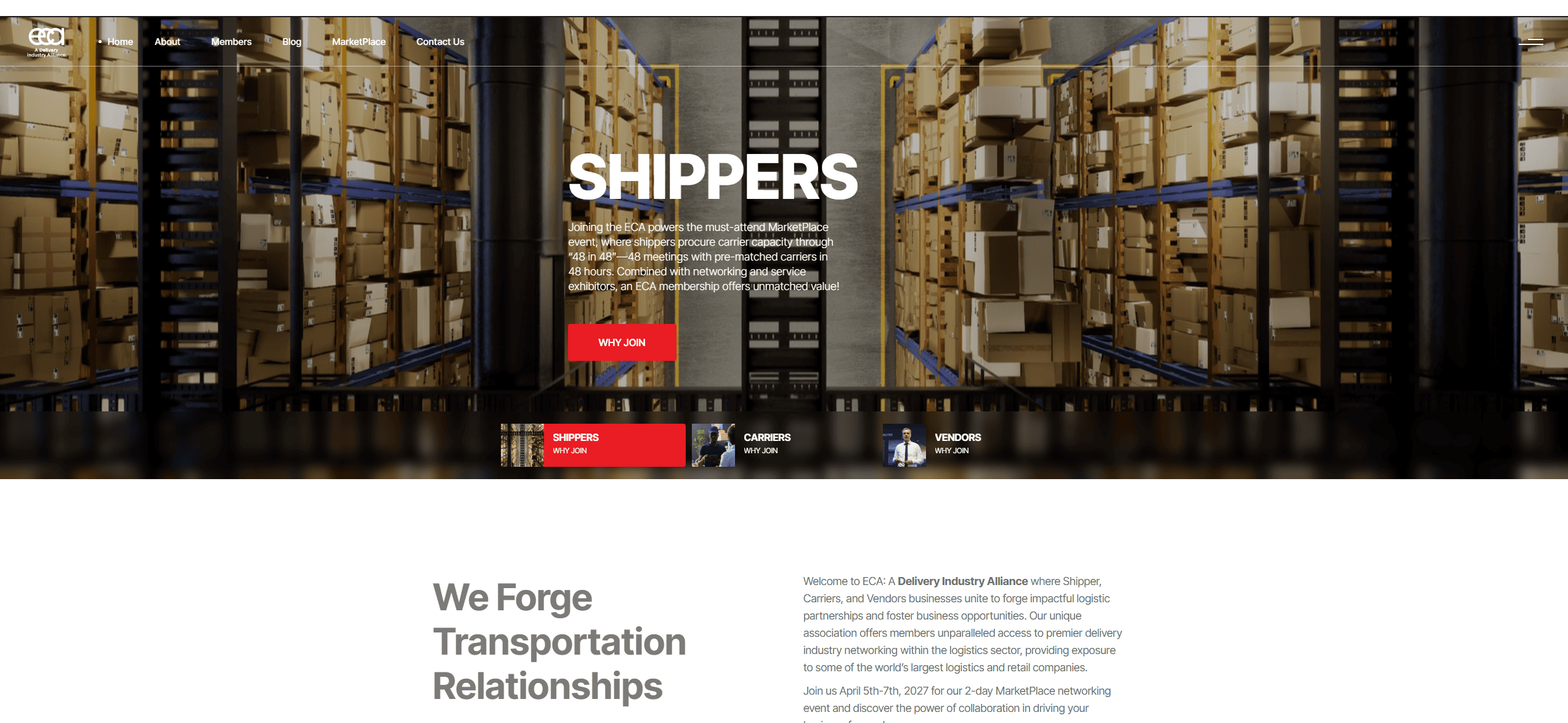 Screenshot of ECA’s homepage with carousel images featuring resources for shippers, carriers, and vendors