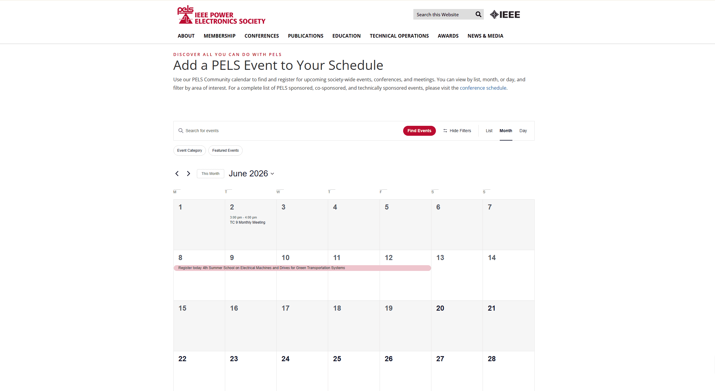Screenshot of the calendar page on IEEE PELS’ website.