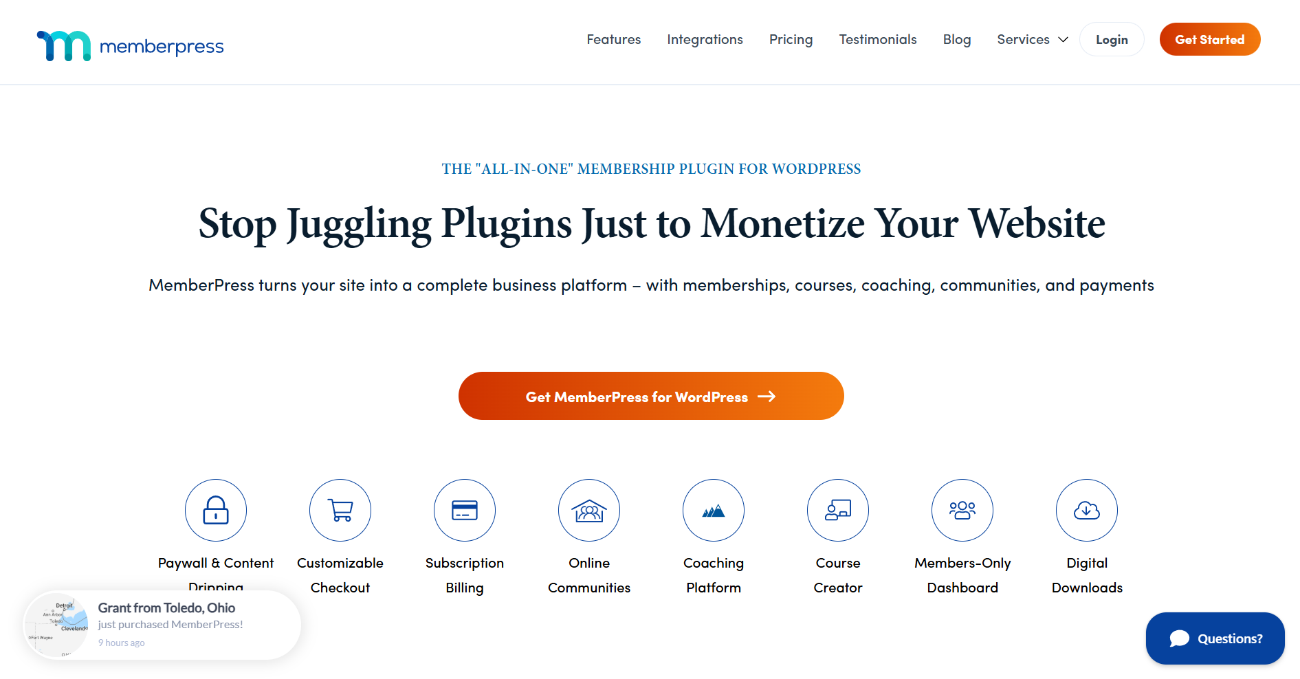 A screenshot of MemberPress' homepage