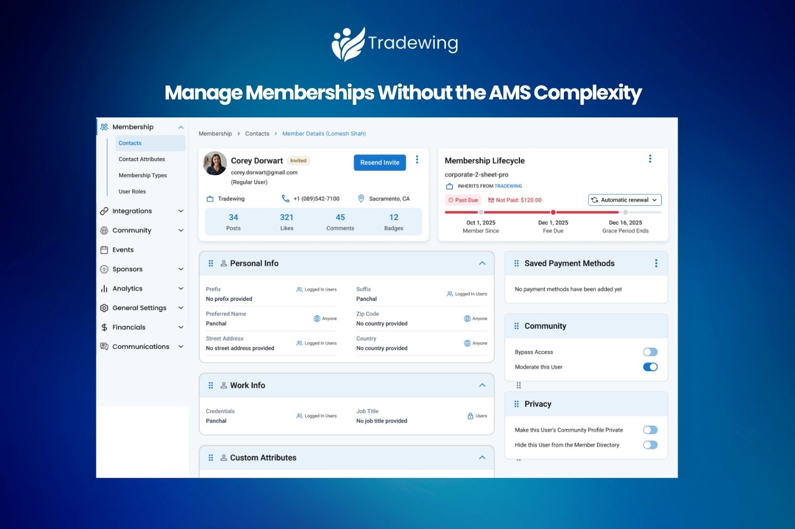 Association membership management for profiles, dues, renewals, and member access without complex AMS software