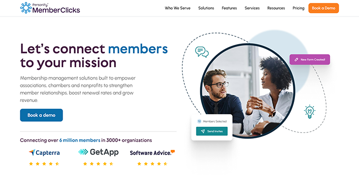 Association management software MemberClicks' homepage