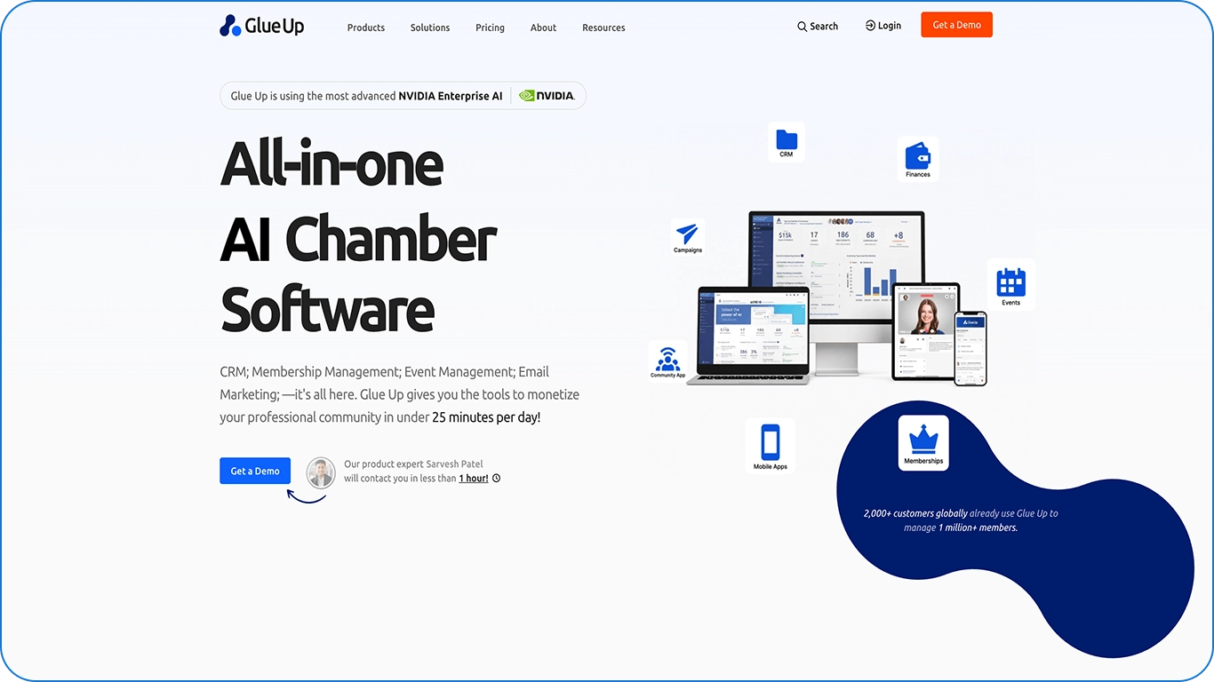 A screenshot of Glue Up’s homepage